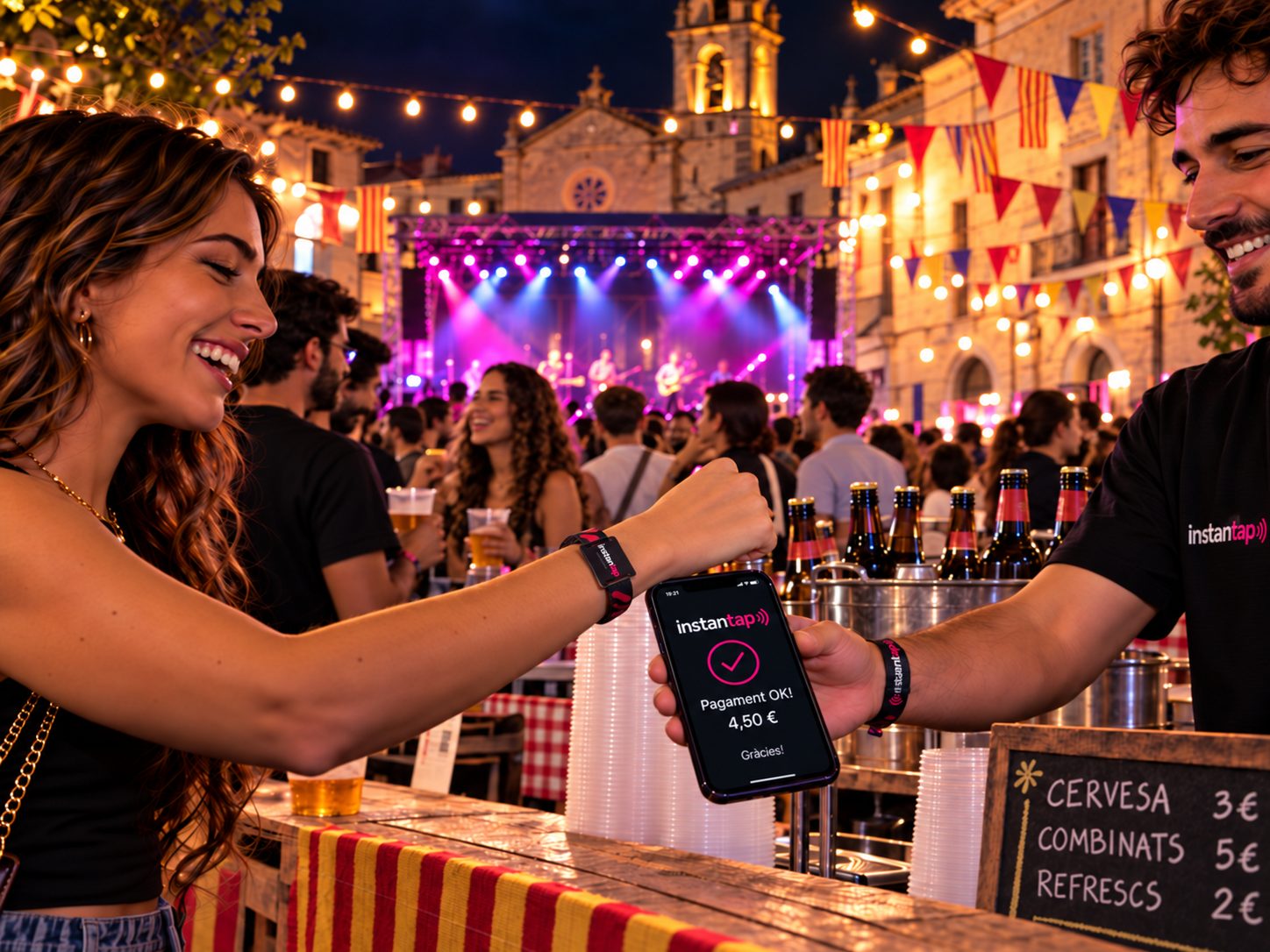 Una noia paga a la barra d'una festa major acostant la polsera al mòbil, que mostra el pagament confirmat de 4,50 €